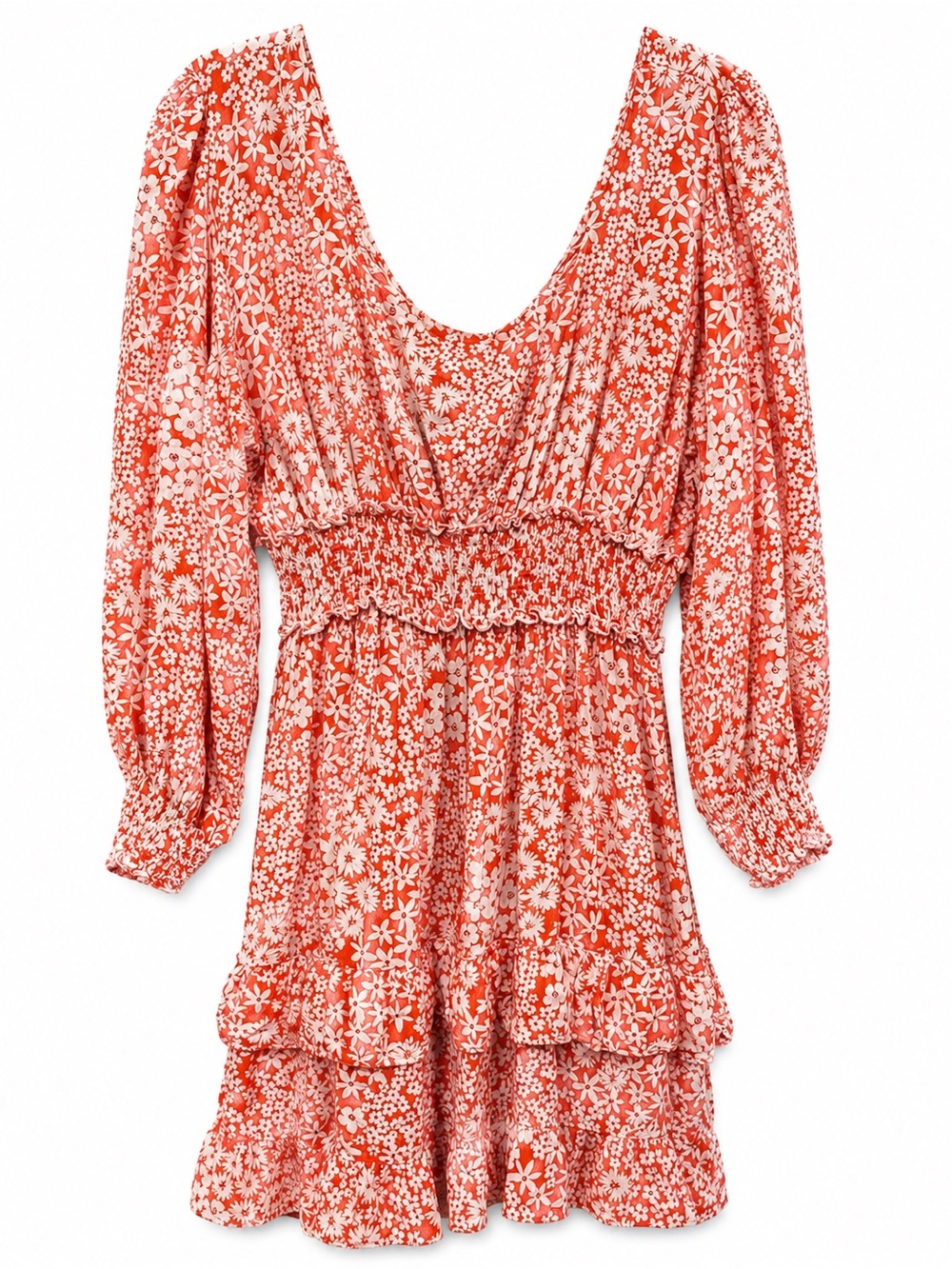 ANGIE Floral Boho Mini Dress Women’s Large Orange White Smocked Long Sleeve - Picture 3 of 6